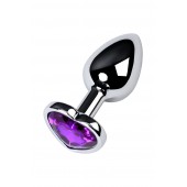 Серебристая коническая анальная пробка с фиолетовым кристаллом-сердечком - 7 см. - ToyFa - купить с доставкой в Кирове