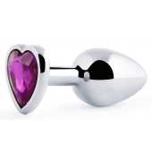 Серебристая анальная пробка с фиолетовым кристаллом-сердечком - 8 см. - Anal Jewelry Plug - купить с доставкой в Кирове