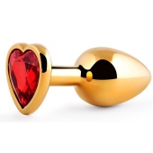 Золотистая анальная пробка с красным стразом-сердечком - 8 см. - Anal Jewelry Plug - купить с доставкой в Кирове