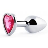 Серебристая анальная пробка с розовым кристаллом-сердечком - 7 см. - Anal Jewelry Plug - купить с доставкой в Кирове