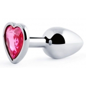 Серебристая анальная пробка с малиновым кристаллом-сердечком - 7 см. - Anal Jewelry Plug - купить с доставкой в Кирове