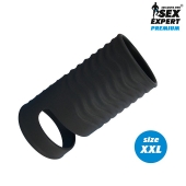 Черная открытая насадка на пенис с кольцом для мошонки XXL-size - 9,4 см. - Sex Expert - в Кирове купить с доставкой