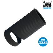 Черная открытая насадка на пенис с кольцом для мошонки XXXL-size - 9,9 см. - Sex Expert - в Кирове купить с доставкой