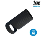 Черная открытая насадка на пенис с кольцом для мошонки size M - 7,9 см. - Sex Expert - в Кирове купить с доставкой