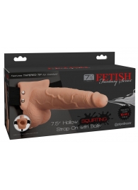 Телесный полый страпон с имитацией эякуляции 7.5  Hollow Squirting Strap-On with Balls Flesh - 21,6 см. - Pipedream - купить с доставкой в Кирове