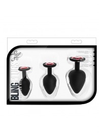 Набор черных анальных пробок с красным кристаллом-сердечком Bling Plugs Training Kit - Blush Novelties - купить с доставкой в Кирове