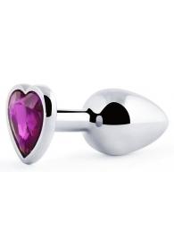 Серебристая анальная пробка с фиолетовым кристаллом-сердечком - 8 см. - Anal Jewelry Plug - купить с доставкой в Кирове