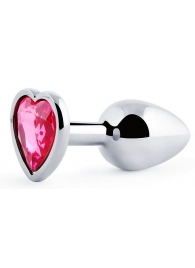 Серебристая анальная пробка с розовым кристаллом-сердечком - 7 см. - Anal Jewelry Plug - купить с доставкой в Кирове