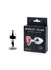 Серебристая анальная пробка с малиновым кристаллом-сердечком - 7 см. - Anal Jewelry Plug - купить с доставкой в Кирове