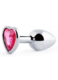 Серебристая анальная пробка с малиновым кристаллом-сердечком - 7 см. - Anal Jewelry Plug - купить с доставкой в Кирове
