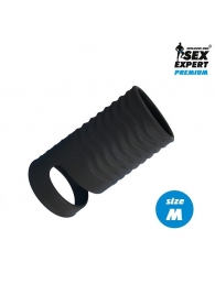 Черная открытая насадка на пенис с кольцом для мошонки size M - 7,9 см. - Sex Expert - в Кирове купить с доставкой