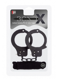Чёрные наручники из листового металла в комплекте с веревкой BONDX METAL CUFFS LOVE ROPE SET - Dream Toys - купить с доставкой в Кирове