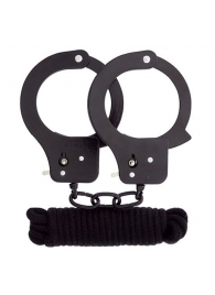 Чёрные наручники из листового металла в комплекте с веревкой BONDX METAL CUFFS LOVE ROPE SET - Dream Toys - купить с доставкой в Кирове