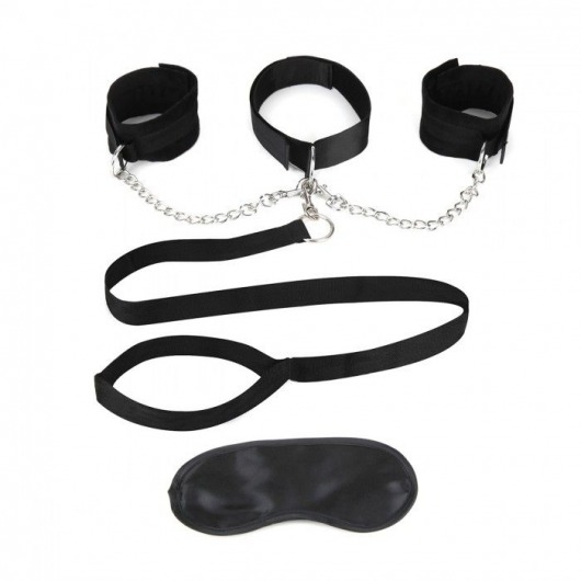 Чёрный ошейник с наручниками и поводком Collar Cuffs   Leash Set - Lux Fetish - купить с доставкой в Кирове