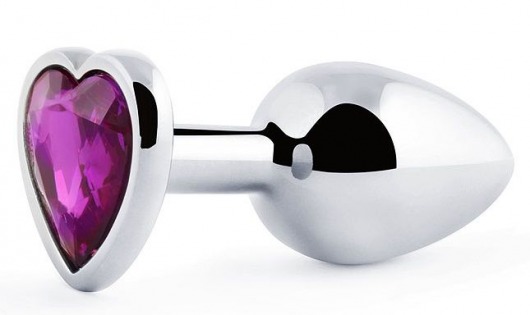 Серебристая анальная пробка с фиолетовым кристаллом-сердечком - 8 см. - Anal Jewelry Plug - купить с доставкой в Кирове