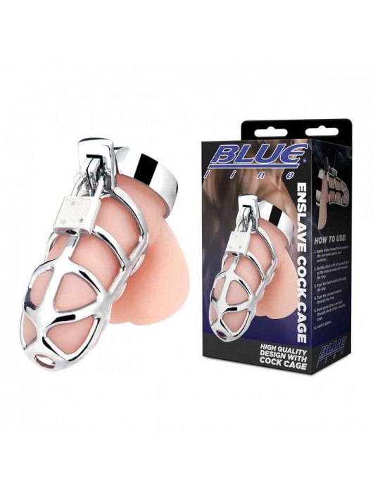 Серебристая металлическая клетка для члена с замком Enslave Cock Cage - BlueLine - купить с доставкой в Кирове