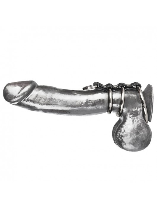 Хомут на пенис из трех металлических колец и кольца для привязи 3 RING GATES OF HELL - BlueLine - купить с доставкой в Кирове