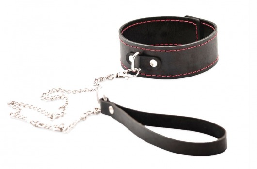 Черный широкий ошейник с красной строчкой и поводком - Crazy Handmade - купить с доставкой в Кирове