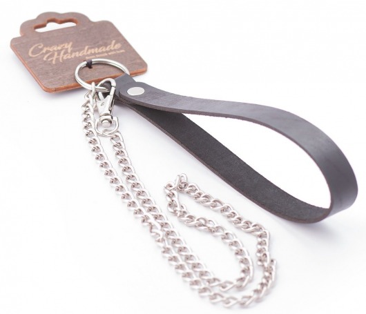 Серебристый металлический поводок с кожаной черной ручкой - 80 см. - Crazy Handmade - купить с доставкой в Кирове