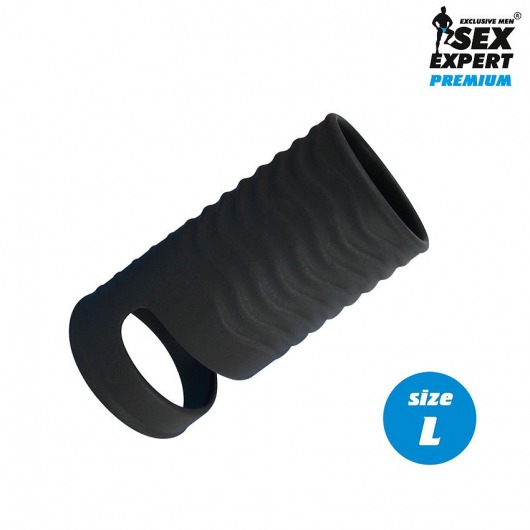 Черная открытая насадка на пенис с кольцом для мошонки L-size - 8,5 см. - Sex Expert - в Кирове купить с доставкой