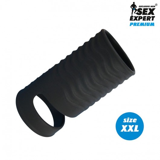 Черная открытая насадка на пенис с кольцом для мошонки XXL-size - 9,4 см. - Sex Expert - в Кирове купить с доставкой