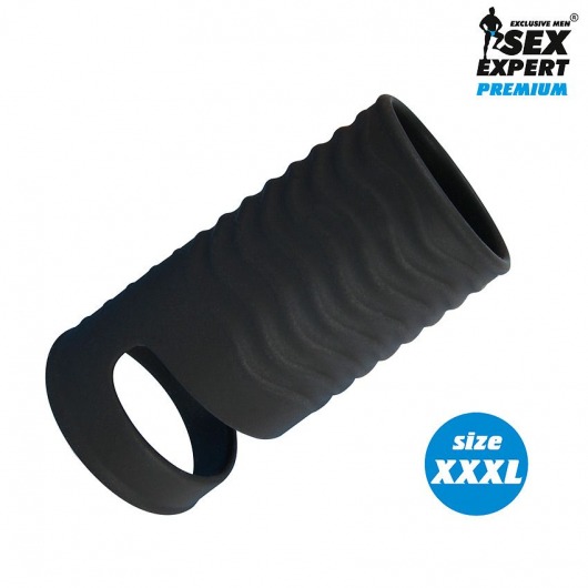 Черная открытая насадка на пенис с кольцом для мошонки XXXL-size - 9,9 см. - Sex Expert - в Кирове купить с доставкой