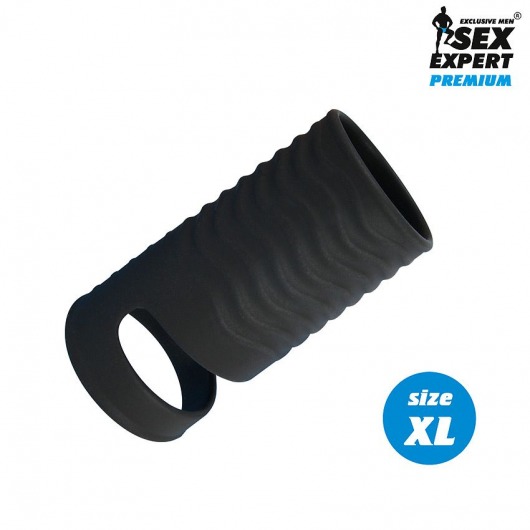 Черная открытая насадка на пенис с кольцом для мошонки XL-size - 8,9 см. - Sex Expert - в Кирове купить с доставкой