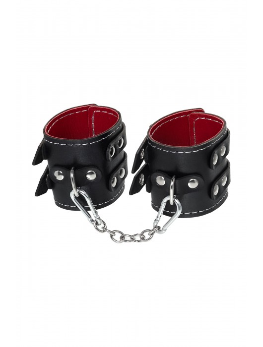 Черные кожаные наручники с двумя ремнями и красной подкладкой - Pecado - купить с доставкой в Кирове