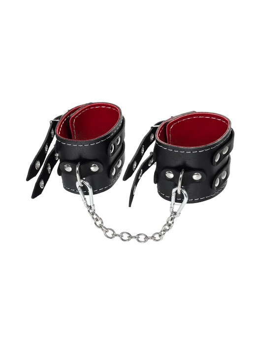 Черные кожаные оковы с двумя ремнями и красной подкладкой - Pecado - купить с доставкой в Кирове