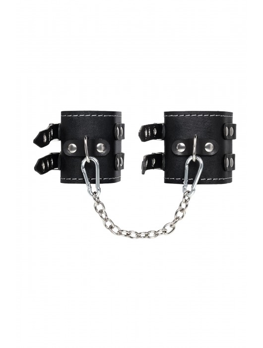 Черные кожаные оковы с двумя ремнями и красной подкладкой - Pecado - купить с доставкой в Кирове