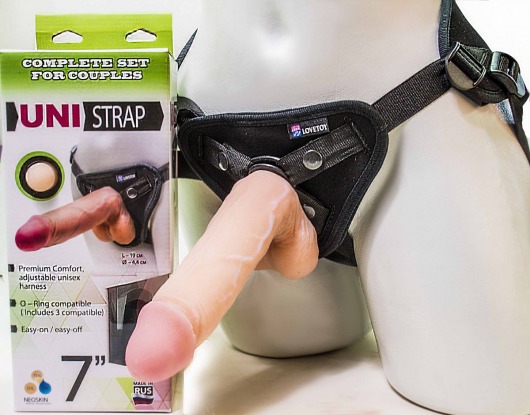 Страпон-унисекс с двумя насадками UNI strap 7  Harness - 19 и 16 см. - LOVETOY (А-Полимер) - купить с доставкой в Кирове