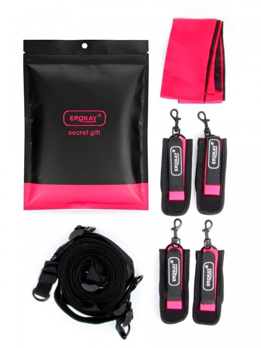 Черно-розовый эротический набор: фиксатор, оковы, наручники, повязка - Erokay - купить с доставкой в Кирове