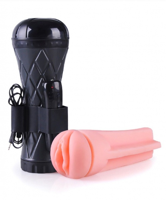 Телесный мастурбатор-вагина в черной колбе с вибрацией - Boys of Toys - в Кирове купить с доставкой