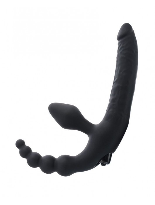 Чёрный безремневой страпон с вибрацией и анальным отростком - ToyFa - купить с доставкой в Кирове